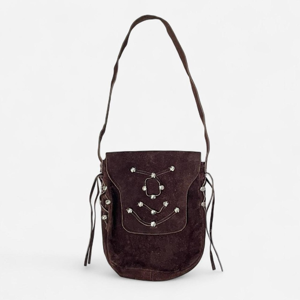 Vintage 70s Genuine Suede Shoulder Bag With Stud and Fringe Detailing
